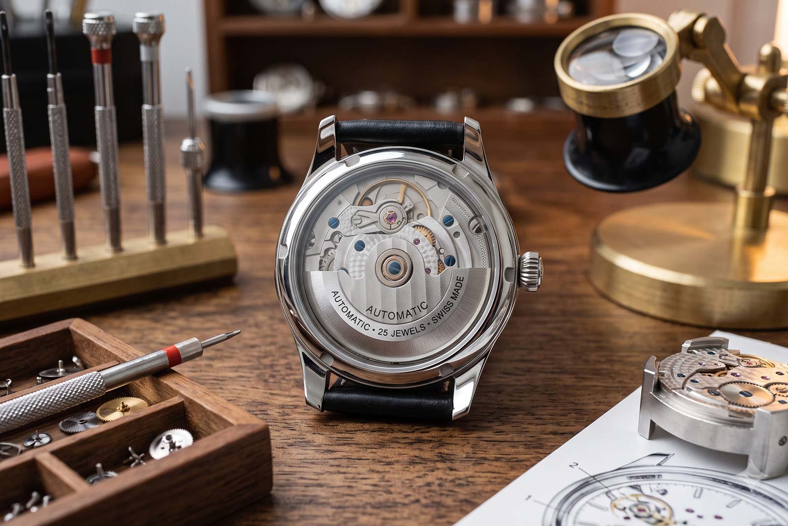 Mouvement de montre automatique vu de dos, rotor apparent