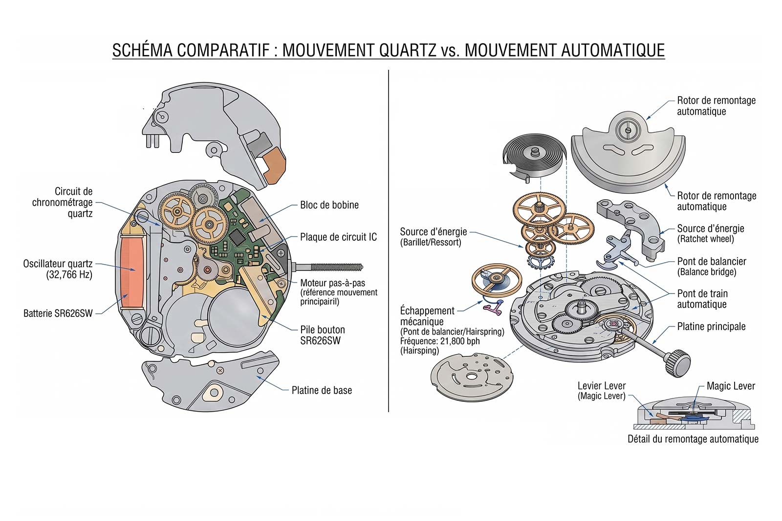 Comparaison entre un mouvement à quartz avec sa pile et un mouvement automatique avec son rotor